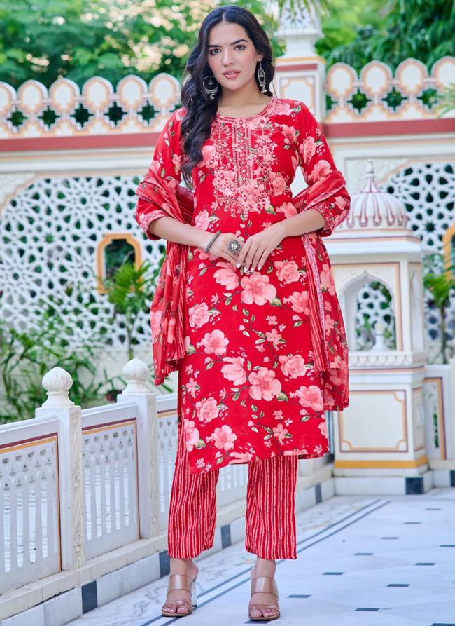 Cotton Red Daily Wear Printed Readymade Suit